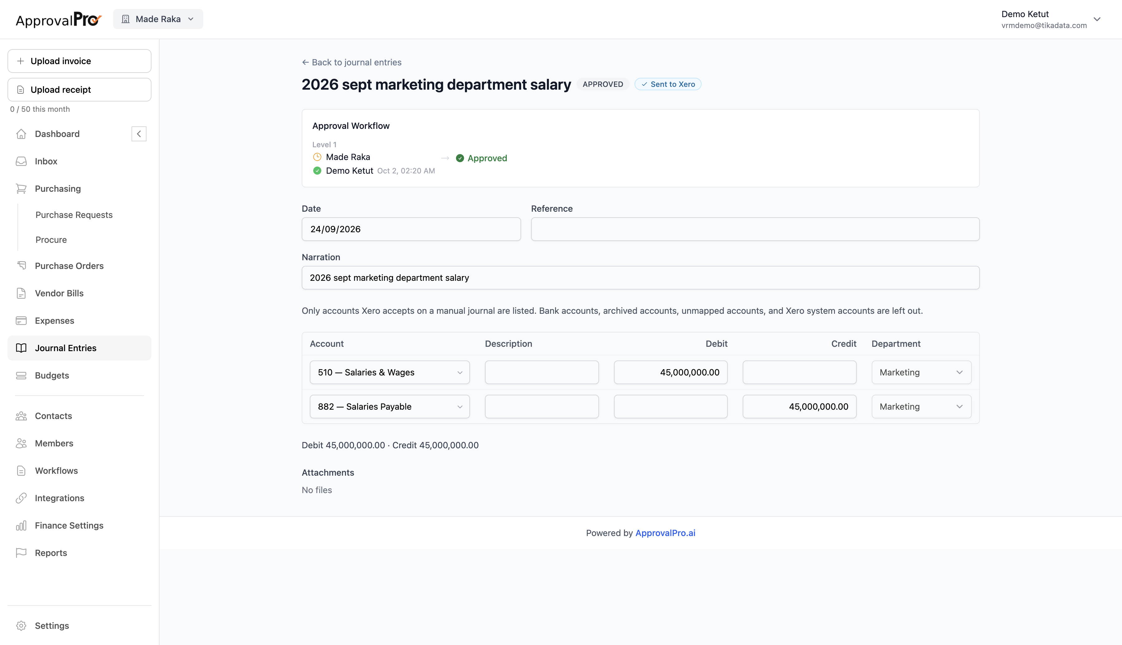 Journal entry detail page in ApprovalPro.ai